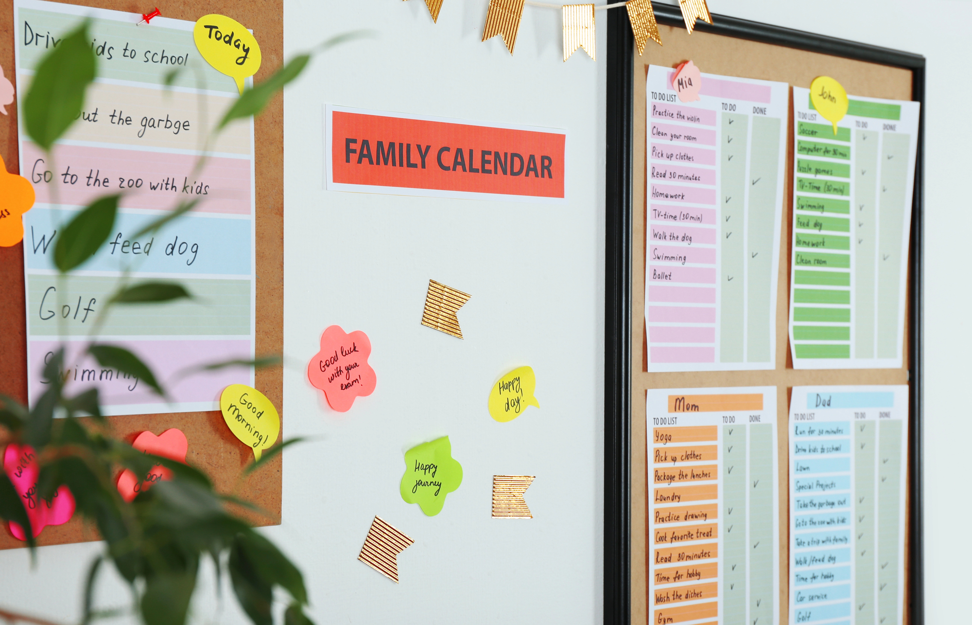 A family schedule posted on a corkboard, including activities, school, and reminders.