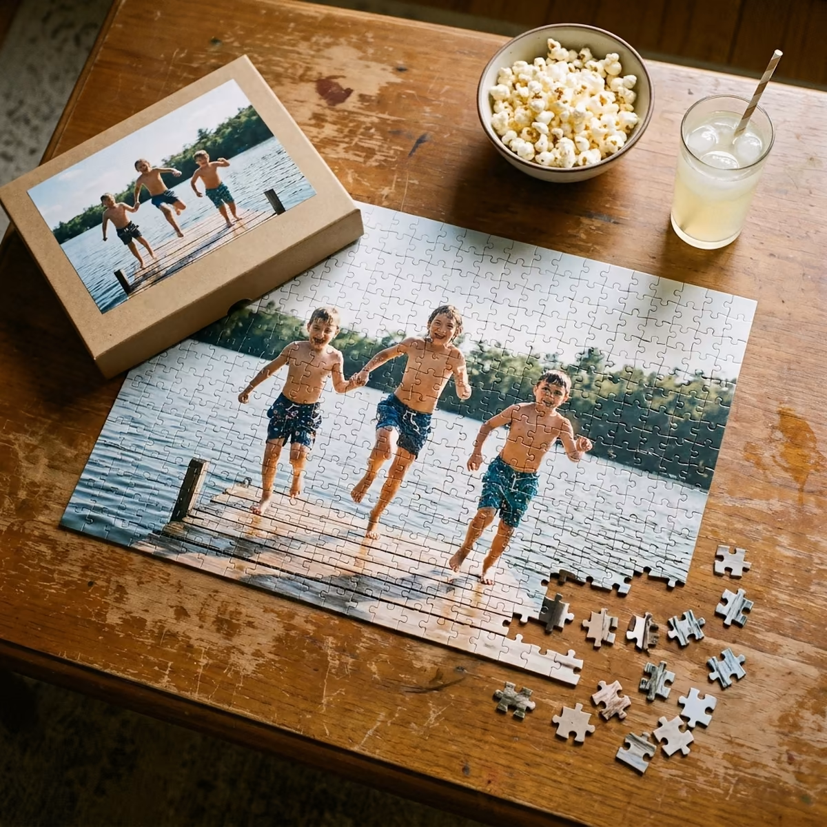 Photo puzzle of cousins jumping off a dock, partly assembled