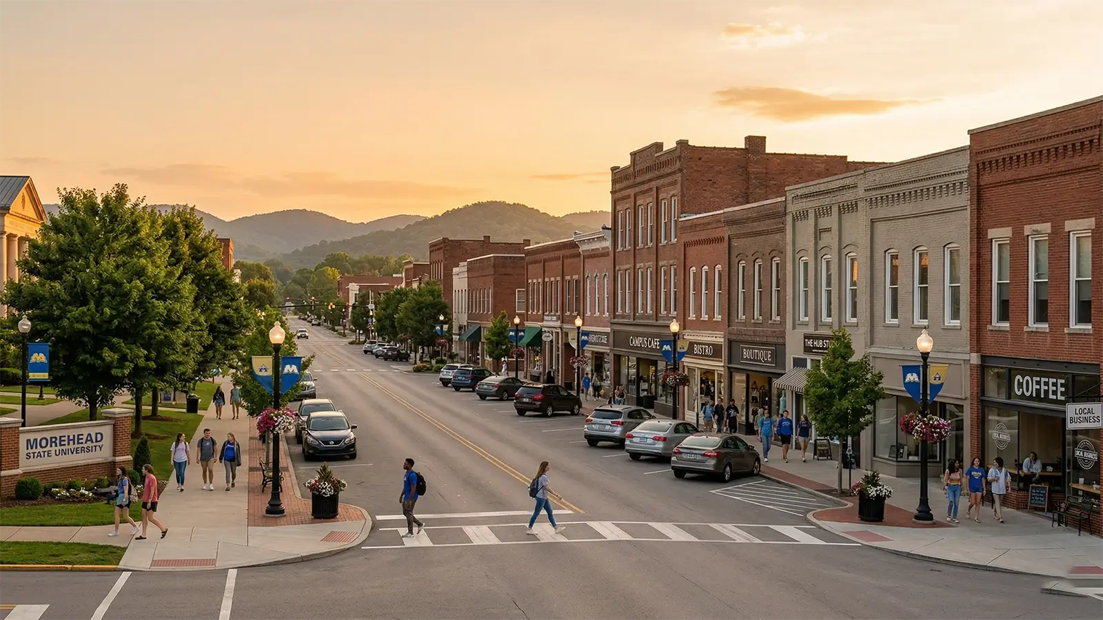 Campus buildings and a downtown street in Morehead, Kentucky