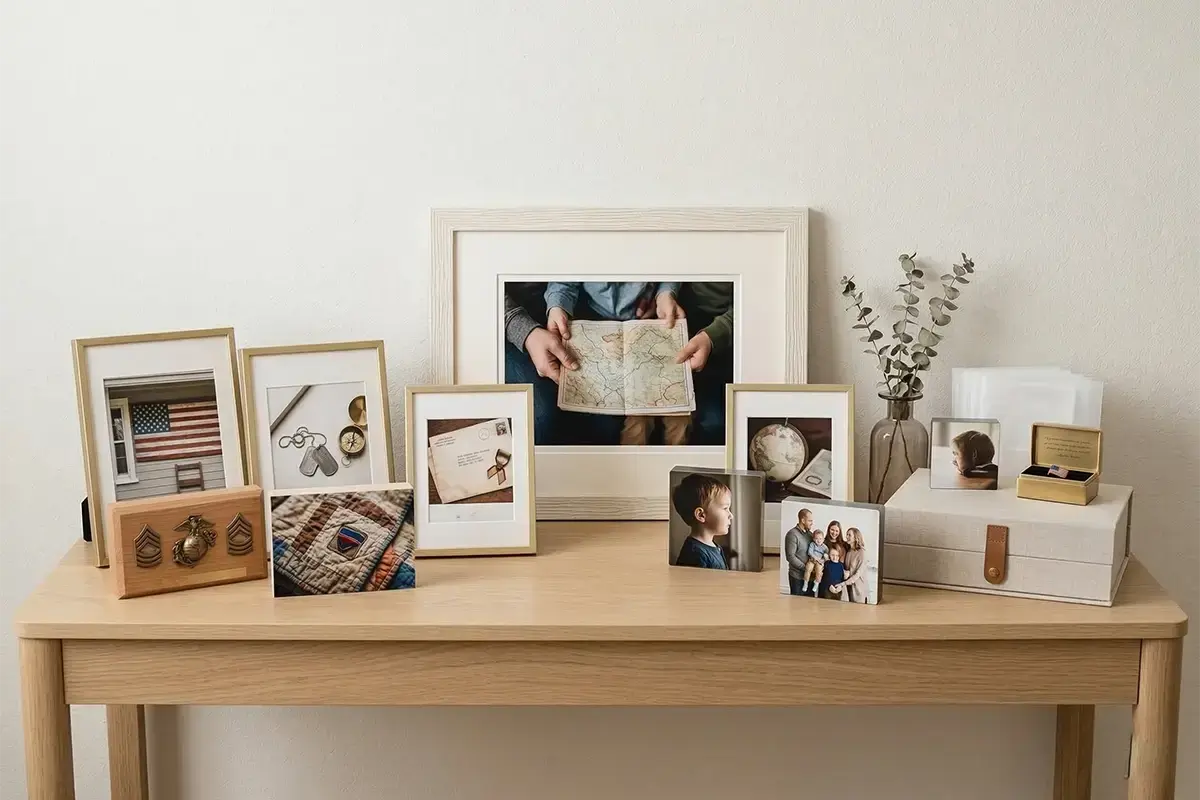 Framed photo prints, tabletop prints, and display-ready family images arranged in a clean modern setting