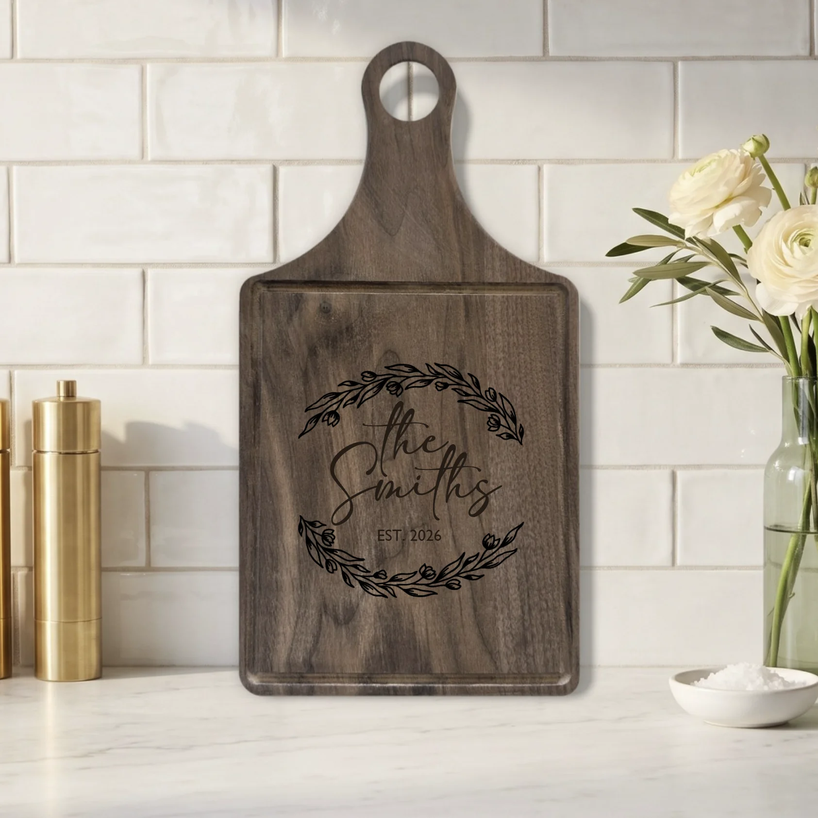 Engraved acacia and walnut cutting boards