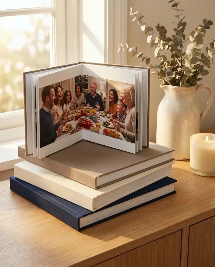 A stack of photo books with one open at a family dinner photo