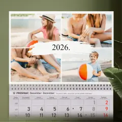 Personalizirani zidni kalendar s četiri fotografije na jednoj stranici i minimalističkim bijelim okvirom, idealan za ljetne i obiteljske uspomene