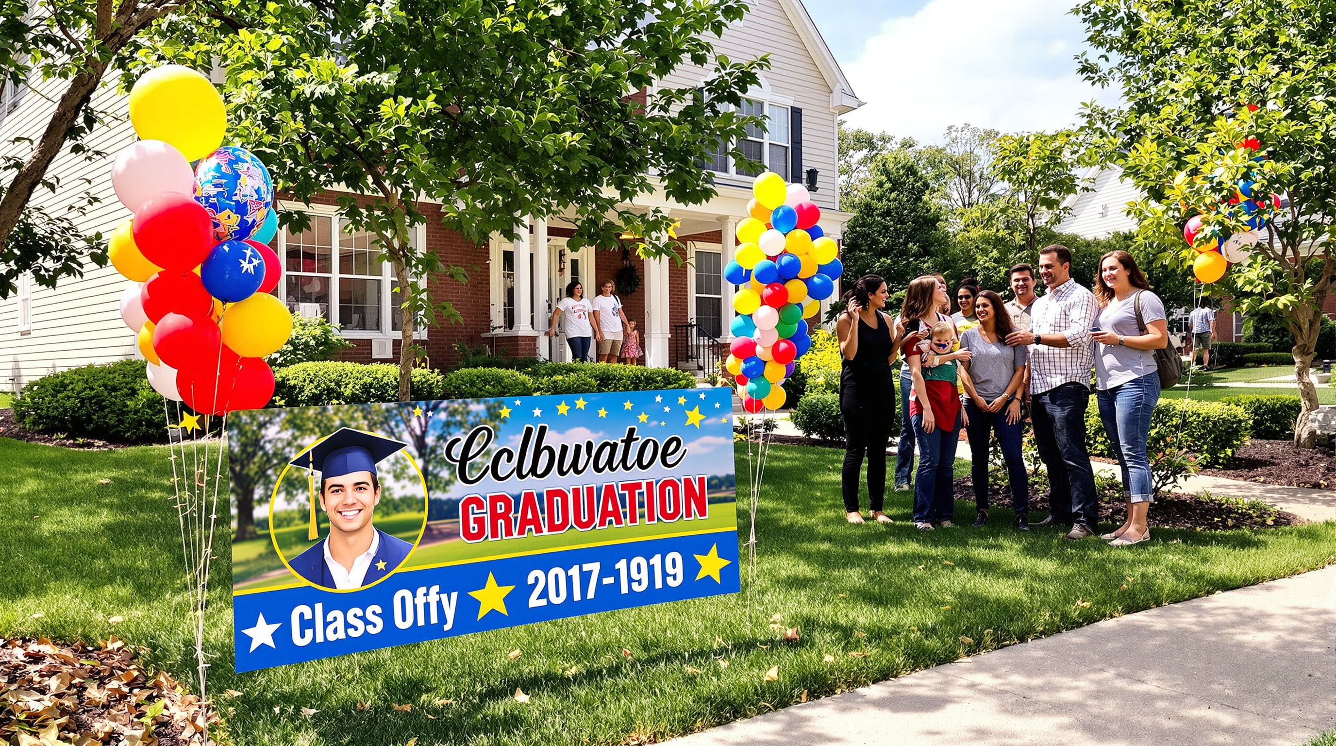 A vibrant, sunny front yard in a Louisville Kentucky suburban neighborhood featuring a large, colorful custom graduation yard sign with a graduate's name, photo, and class year, surrounded by balloons and proud family members celebrating outdoors