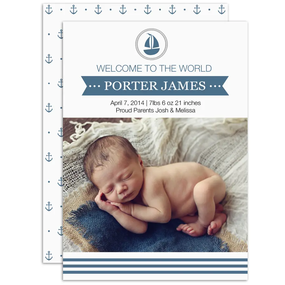 Baby announcement photo card with nautical design