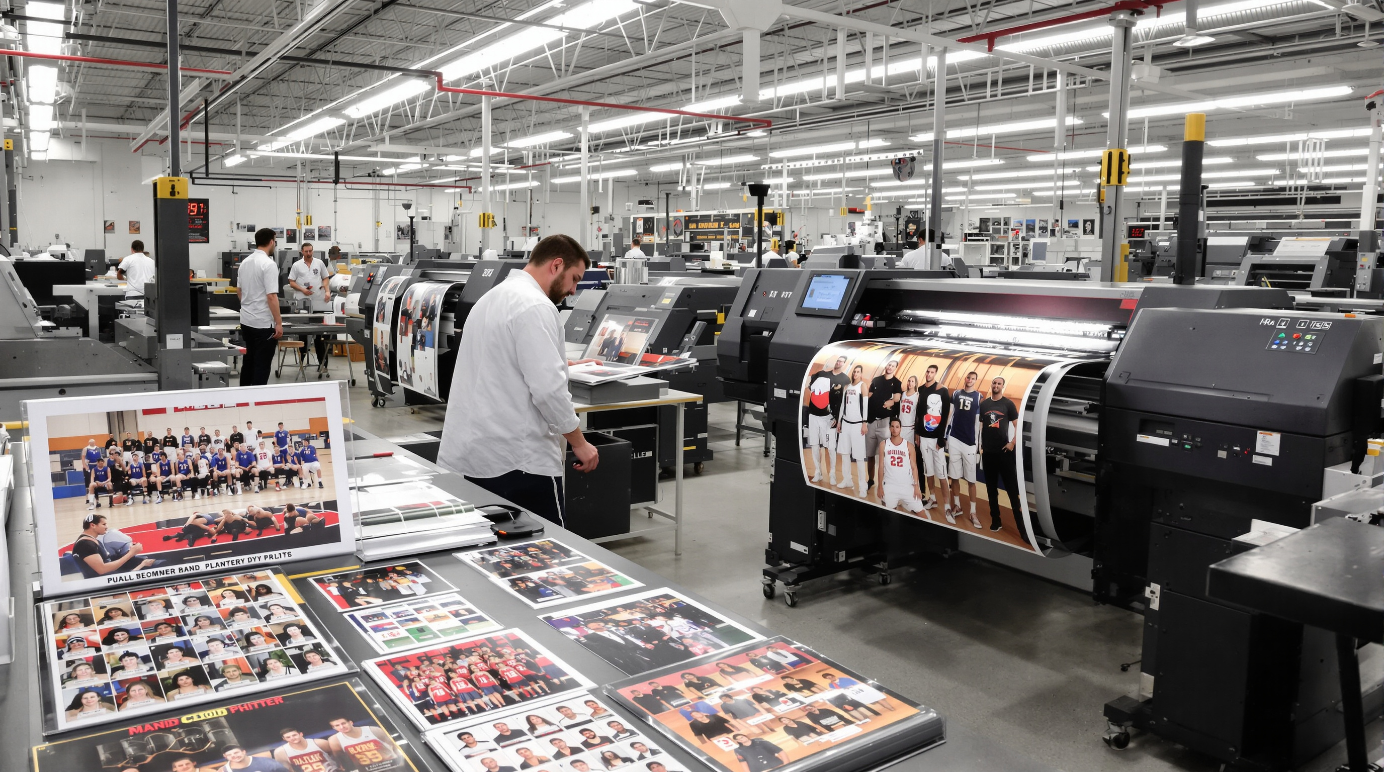 Professional photo printing lab in Louisville with industrial printers producing high-volume sports team photos and event photography, showing quality control specialists examining prints for color consistency, with basketball team photos and school portra