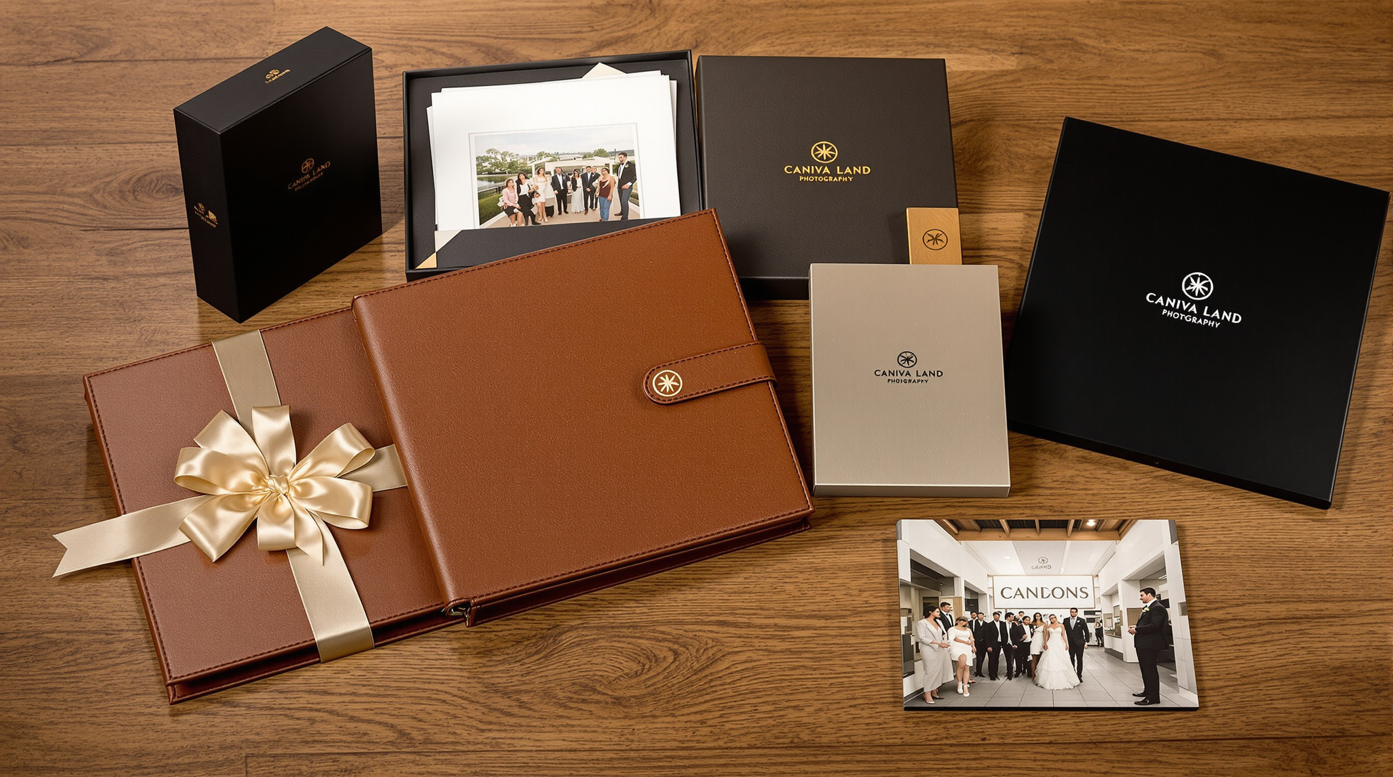 Professional photography presentation materials arranged in elegant display - open leather folio box with mounted matted prints, custom packaging with silk ribbon, embossed logo, wall art samples including canvas and metal prints, all styled on wooden surf