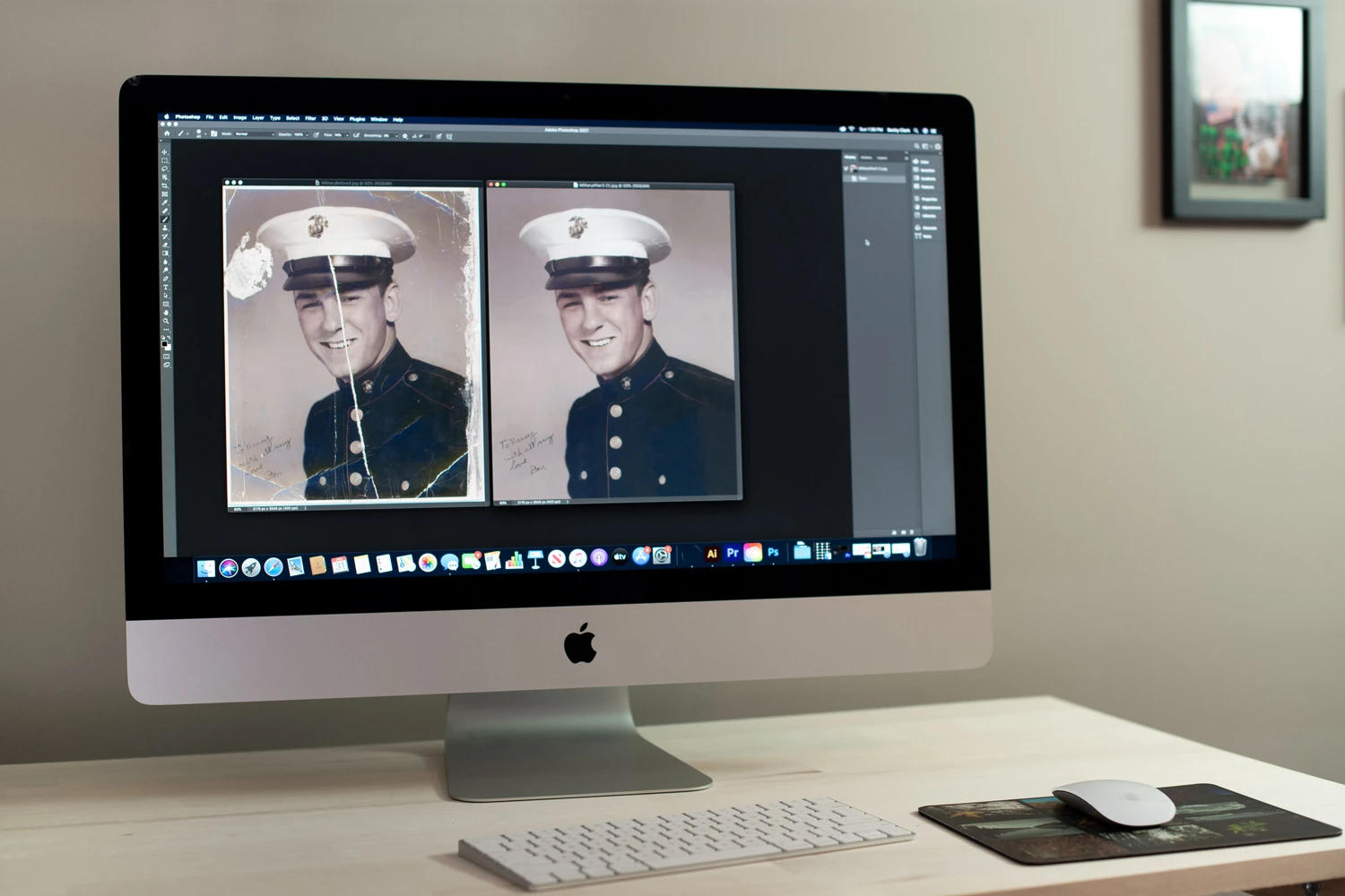 A computer screen displaying a photo restoration process, showing a damaged and a restored portrait of a uniformed man side by side