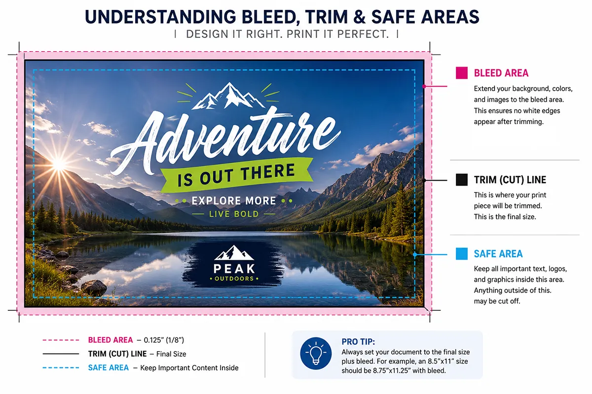Bleed, trim, and safe area diagram