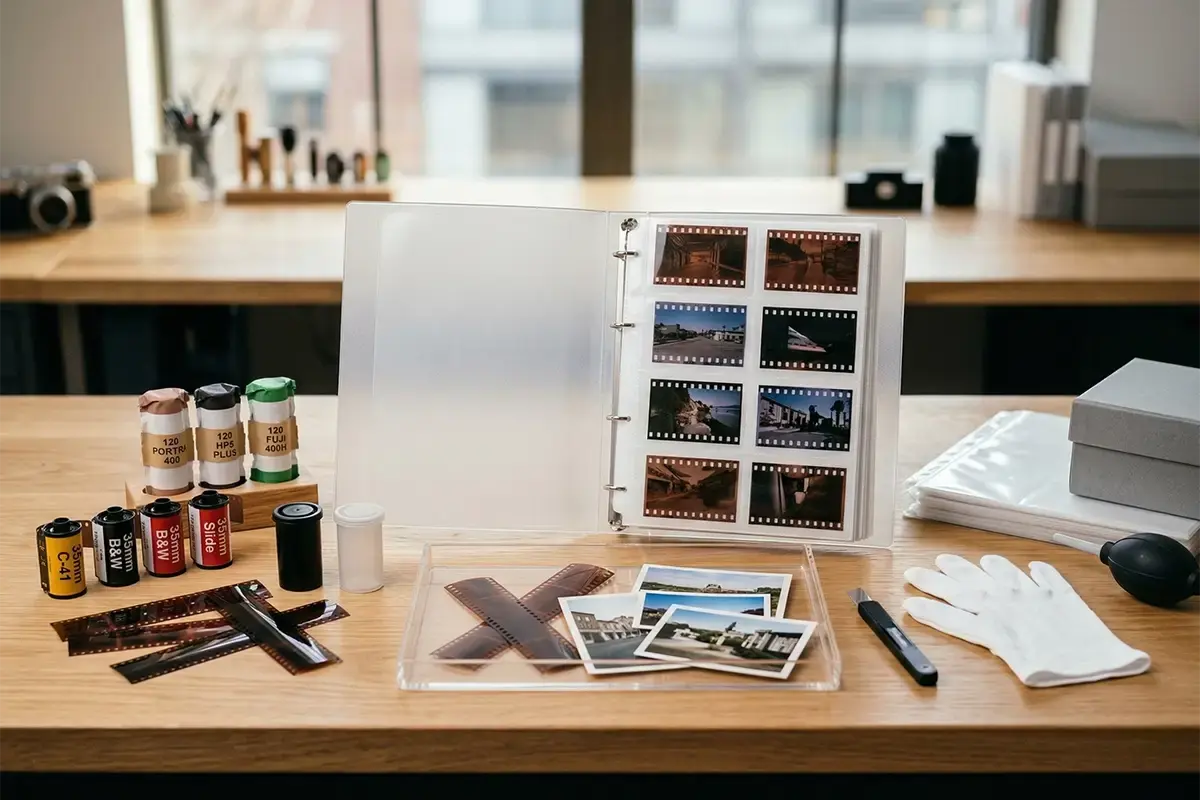 Film developing counter with 35mm and 120 film canisters, negatives, archival sleeves, and a clean professional lab workspace