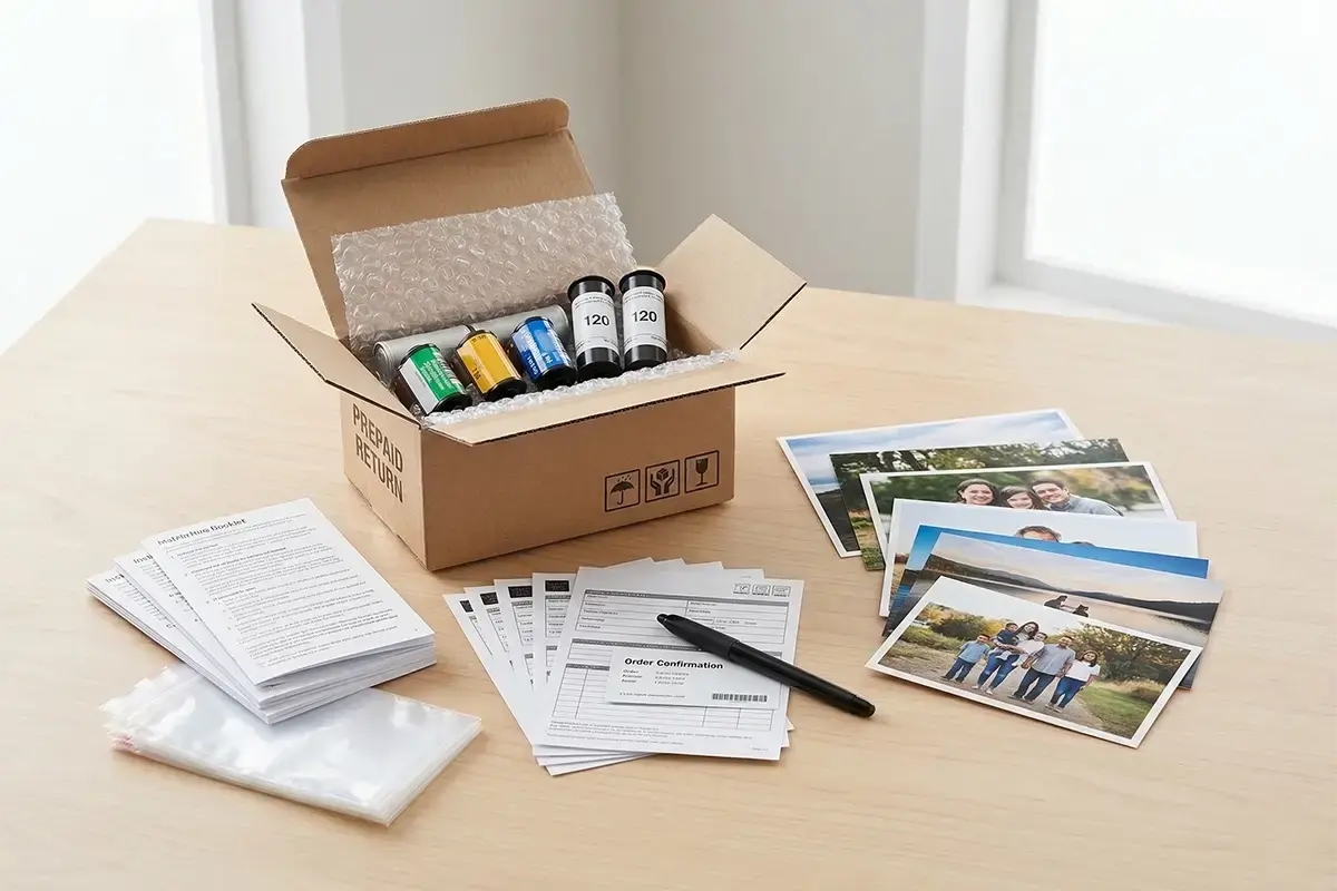 Clean mail-in film and print service kit with film rolls order materials and protective packaging on a tabletop
