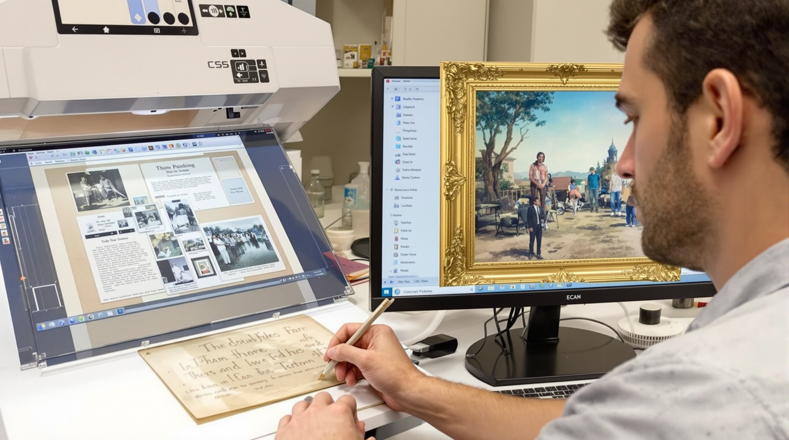 Professional scanning technician in Louisville carefully digitizing a fragile vintage scrapbook page and fine art painting using high-resolution equipment with proper lighting, showing both the original materials and the detailed digital reproduction on a 