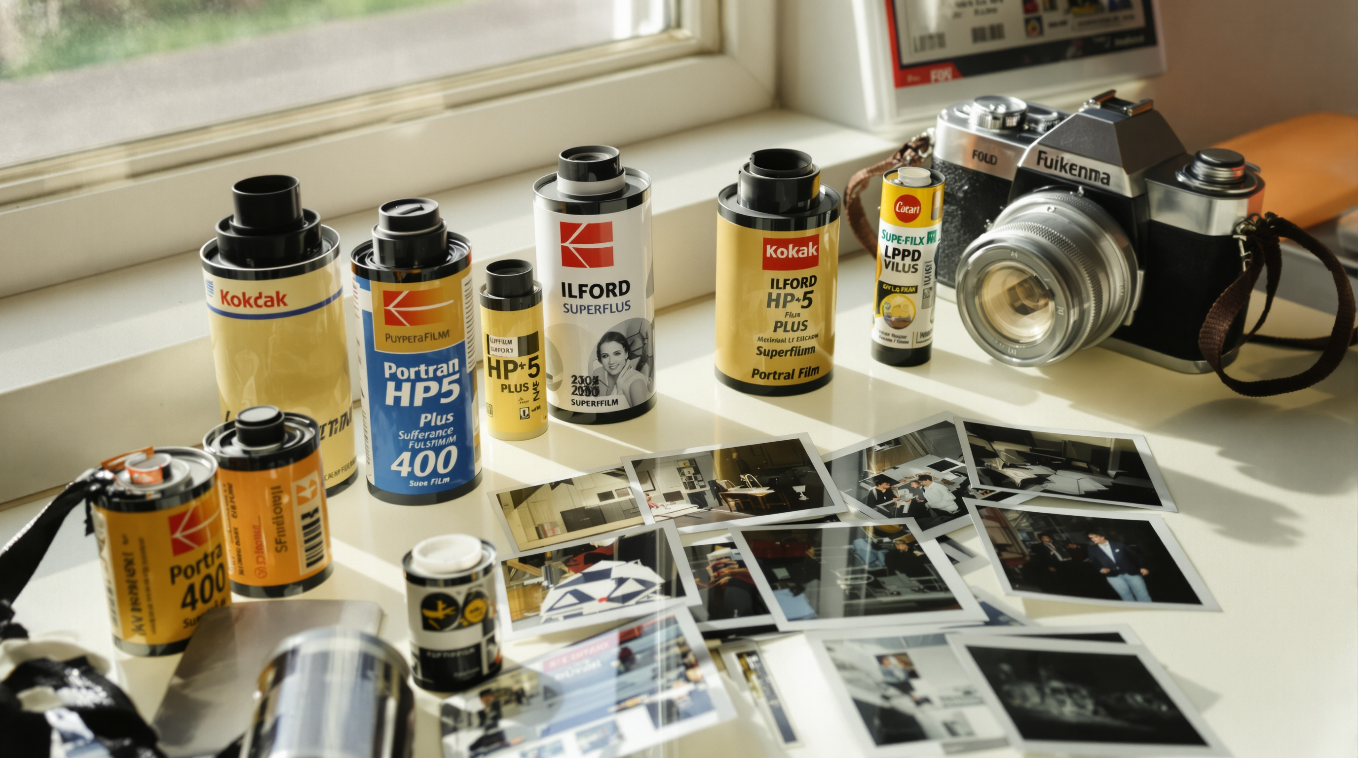 A photographic still life arrangement featuring rolls of Kodak Portra 400, Ilford HP5 Plus, and Fujifilm Superia film next to a vintage medium format camera. The composition includes developed film negatives and slides showing visible film grain, with both