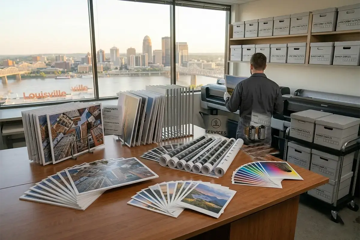 Large format posters, foam board prints, banners, and display graphics in a clean professional print production setting