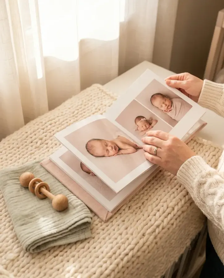 A parent turning the pages of a newborn photo book