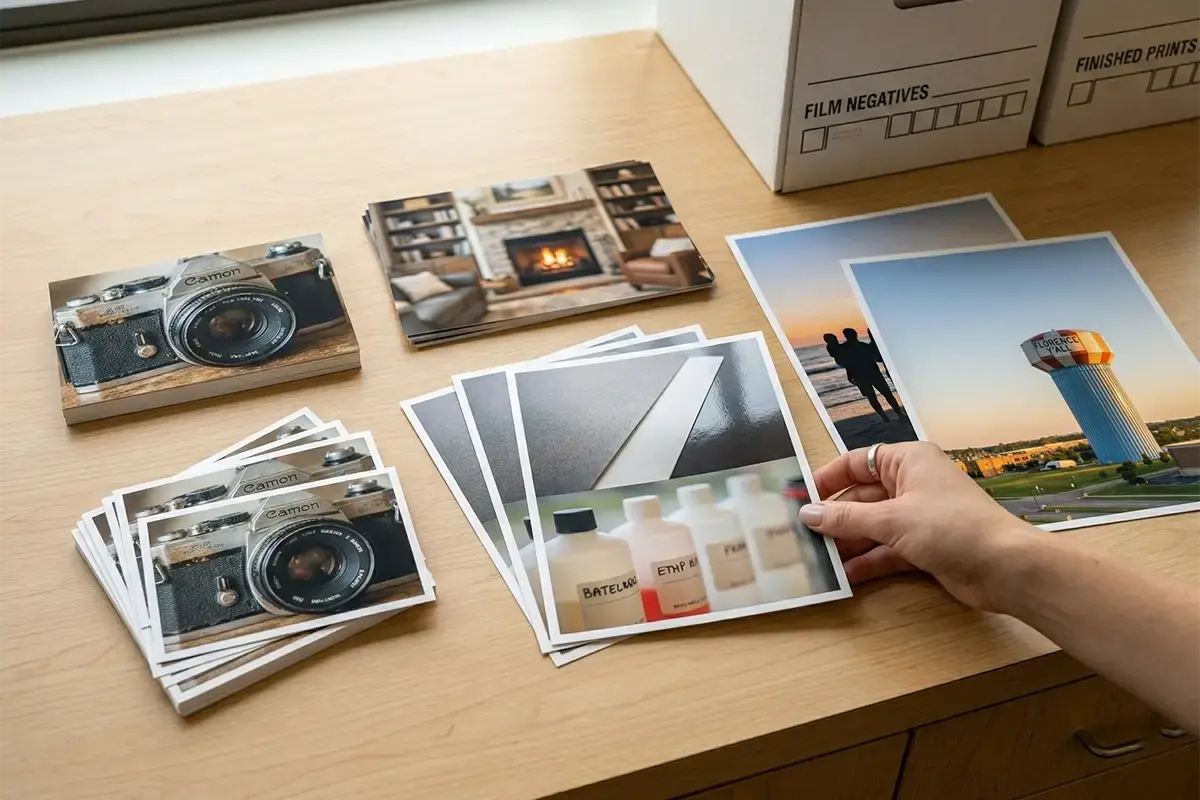 Finished photo prints laid out neatly on a clean table with color-accurate family images and a professional print lab feel