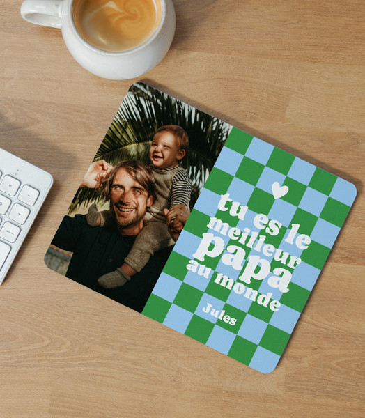 Tapis de souris personnalisé papa damier vert avec photo et message meilleur papa du monde
