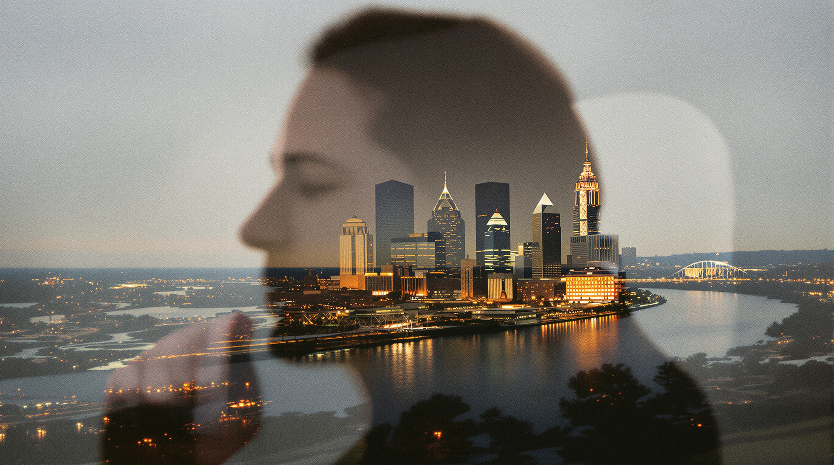 Portrait double exposure blended with Louisville skyline and Ohio River on vintage 35mm film