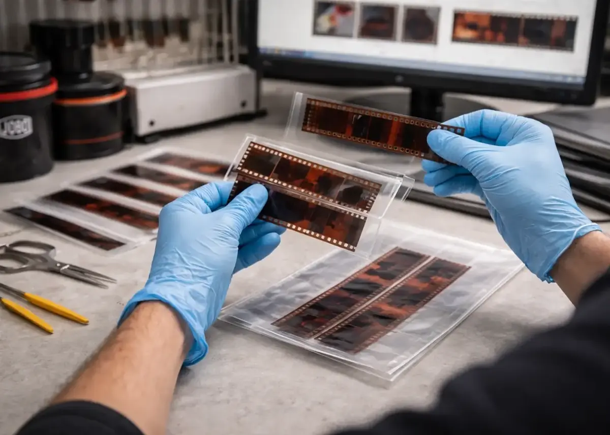 Professional film lab scene showing careful handling of developed negatives in a clean Louisville photo lab environment.
