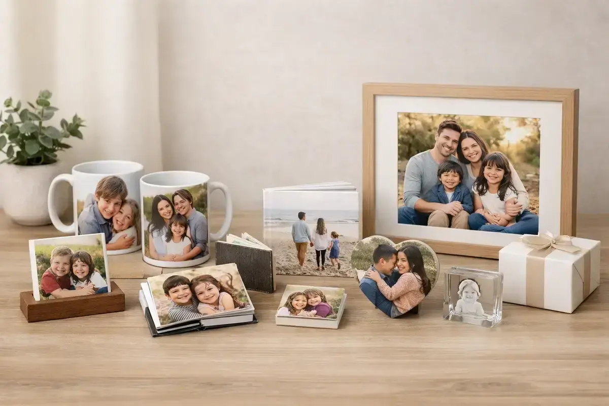 Photo gifts such as mugs desk prints mini books and small framed prints arranged in a clean modern setting