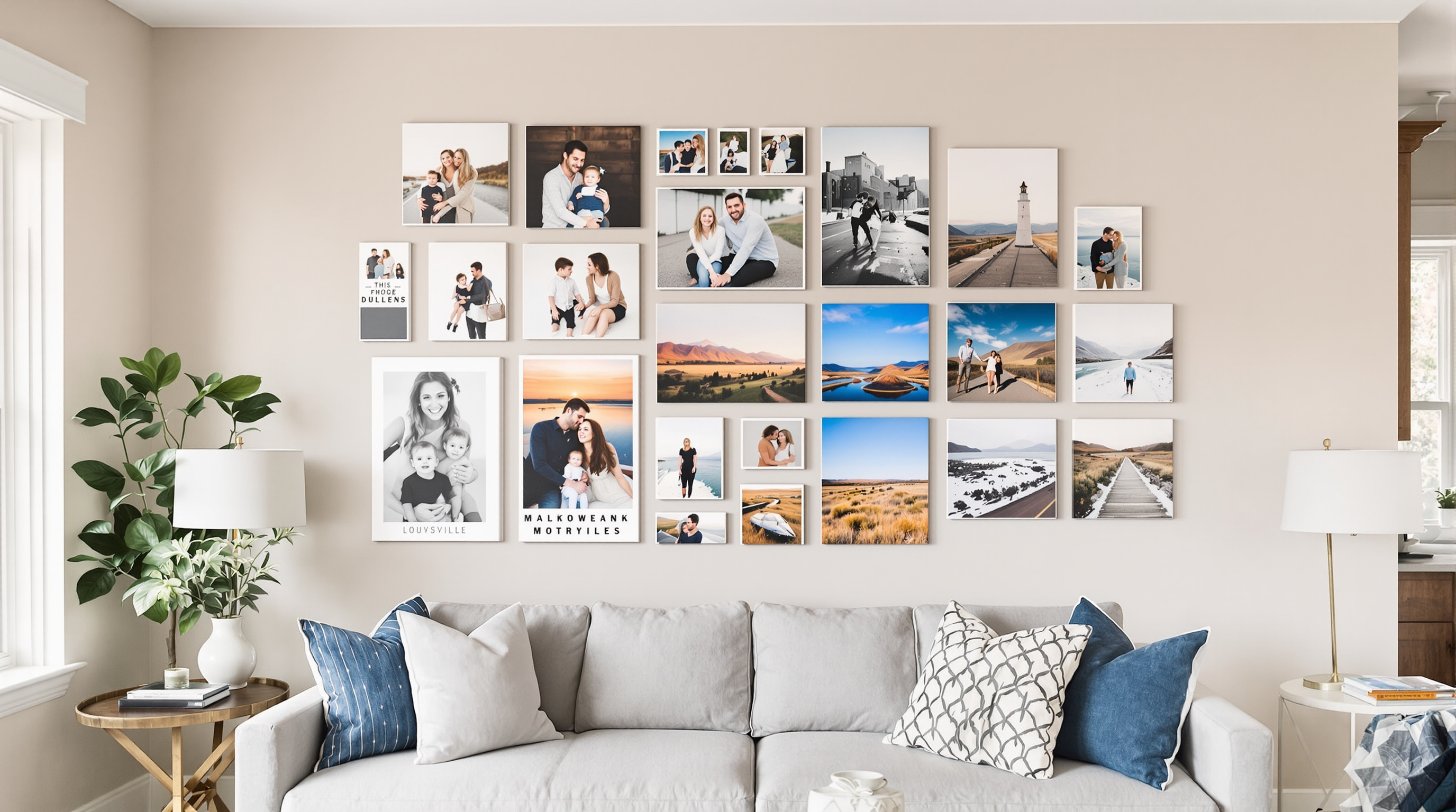 A beautifully styled living room wall in a modern Louisville home featuring a large custom gallery wall with mixed canvas prints of family photos, black-and-white portraits, and colorful landscapes, arranged in a visually balanced grid and salon-style layo