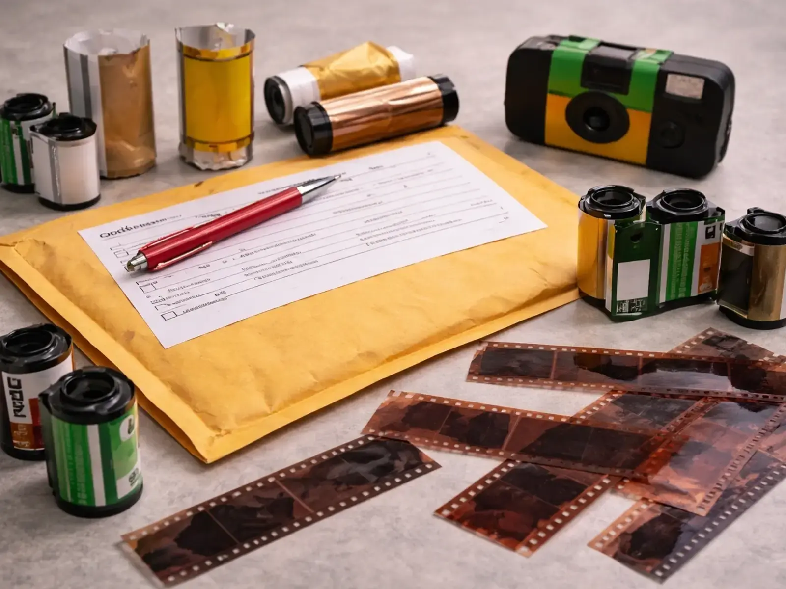 Hero image showing film rolls, a disposable camera, negatives, padded mailer, and order materials for Bowling Green mail-in film service.