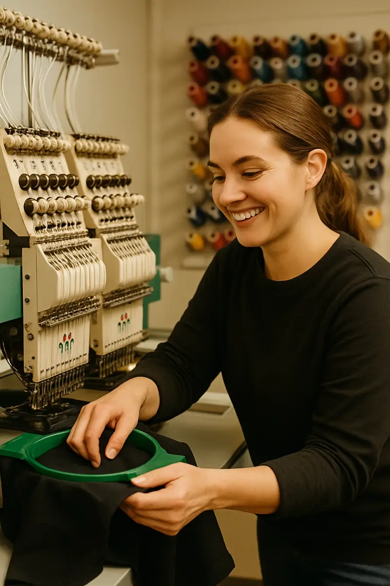Technician adjusting multi-head embroidery machine