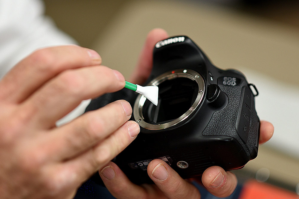 Technician professionally cleans camera sensor