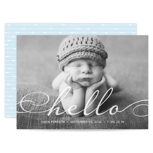 Baby announcement photo card with blue design