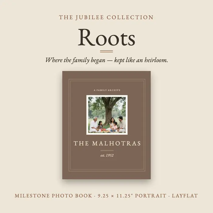 Roots Mocha photo book from The Jubilee Collection, classic olive & cream