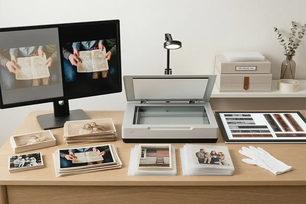 Old photographs, film strips, and a monitor displaying a restored image in a clean archival workspace