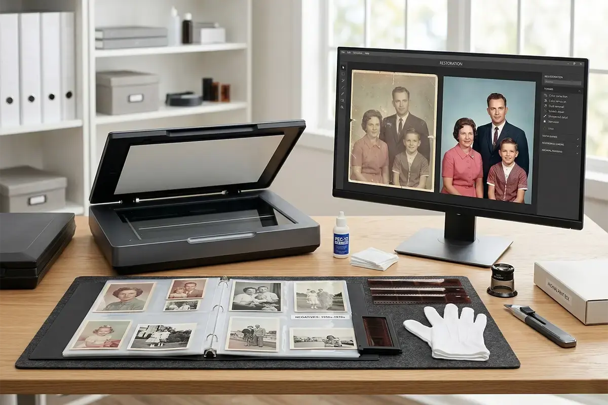 Old photographs film strips and a monitor displaying a restored image in a clean archival workspace