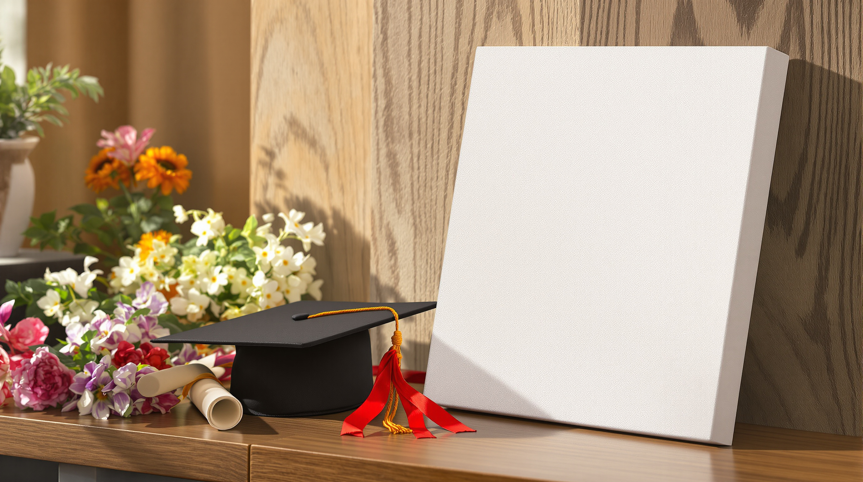 A beautifully wrapped custom canvas photo print leaning against a wooden table, surrounded by a graduation cap, diploma, and flowers in warm natural light, photographic style, shallow depth of field