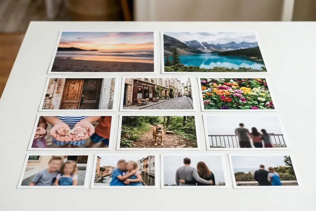 Finished photo prints laid out neatly on a clean table with color-accurate family and travel images and a professional print lab feel
