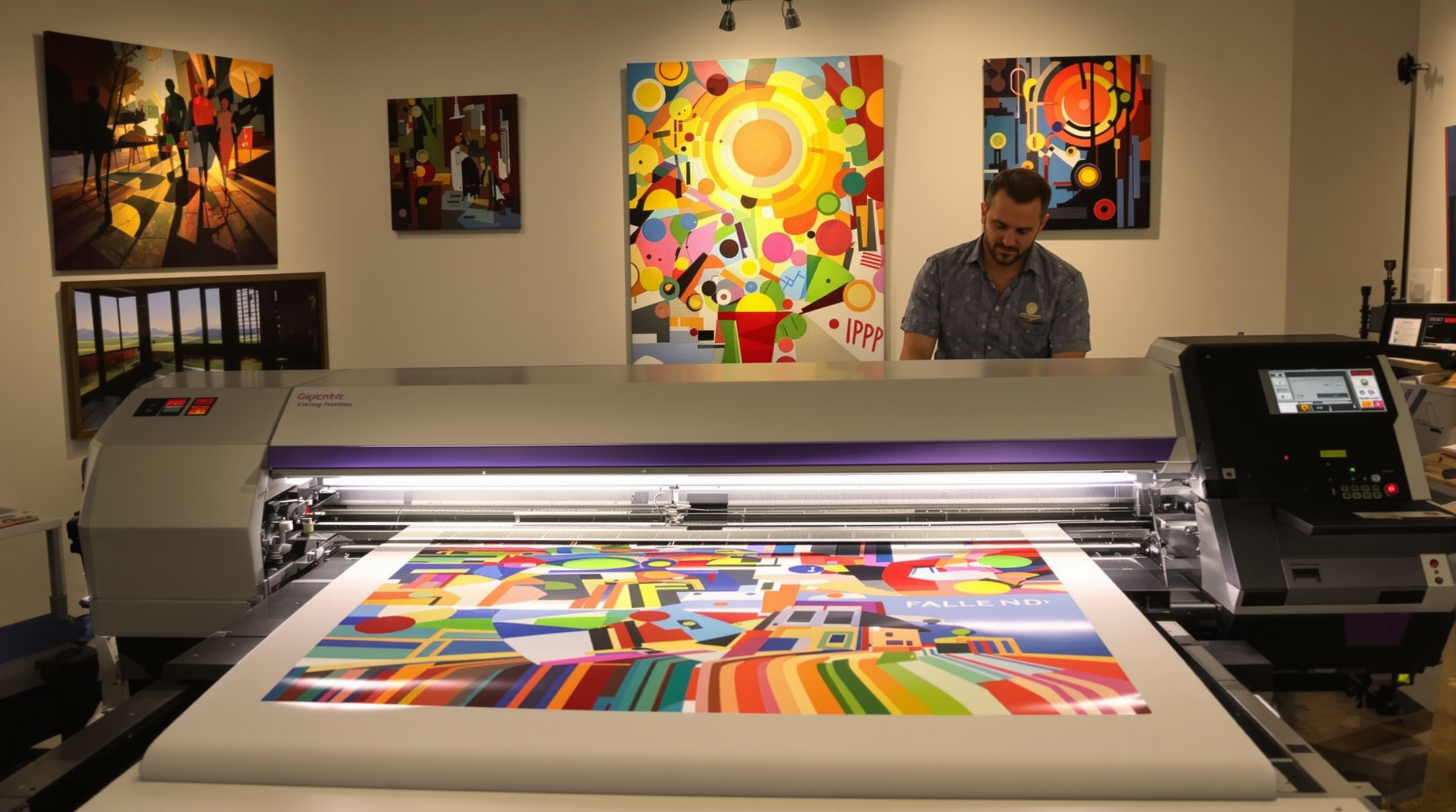 Artist examining giclée canvas print at Louisville fine art printing lab with large-format inkjet printer and art prints on walls