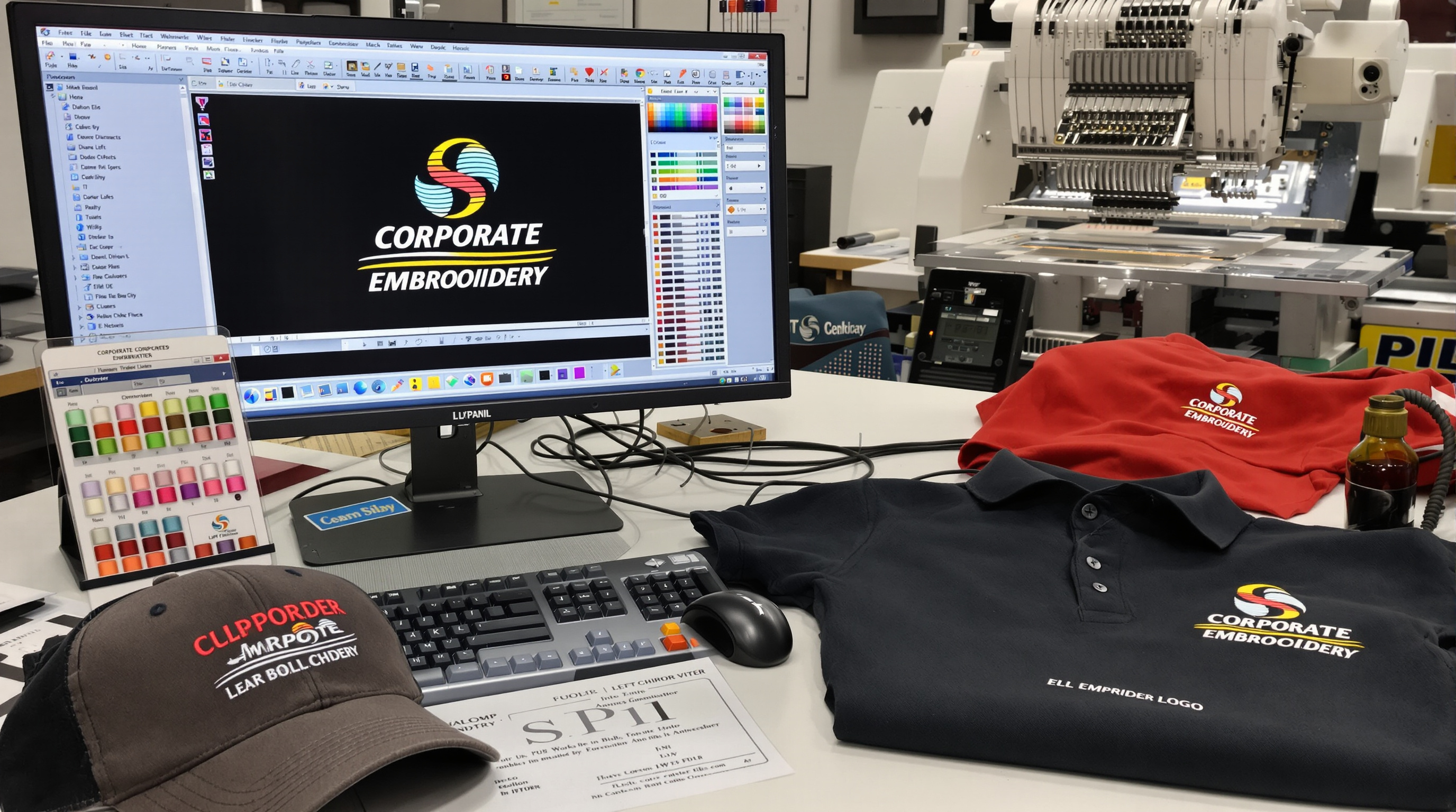 Professional embroidery digitizing workstation in Louisville, Kentucky, showing a computer with digitizing software open displaying a corporate logo being converted into an embroidery file, with thread color charts, embroidered samples of different sizes i