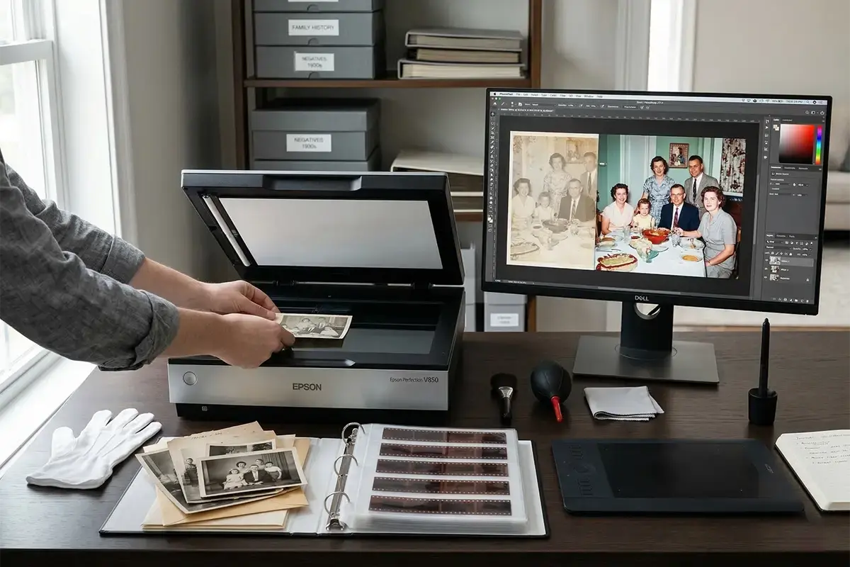 Old photographs, film strips, and a monitor displaying a restored image in a clean archival workspace