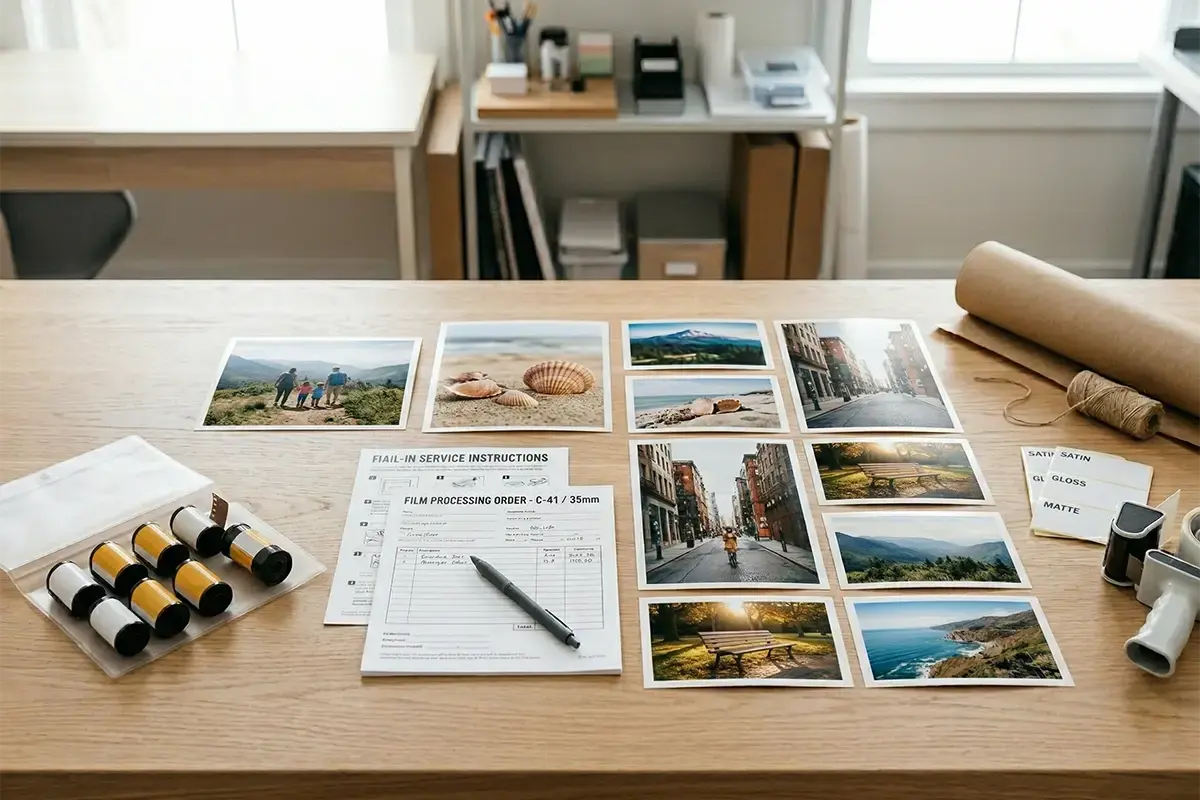Finished photo prints laid out neatly on a clean table with color-accurate family and travel images and a professional print lab feel