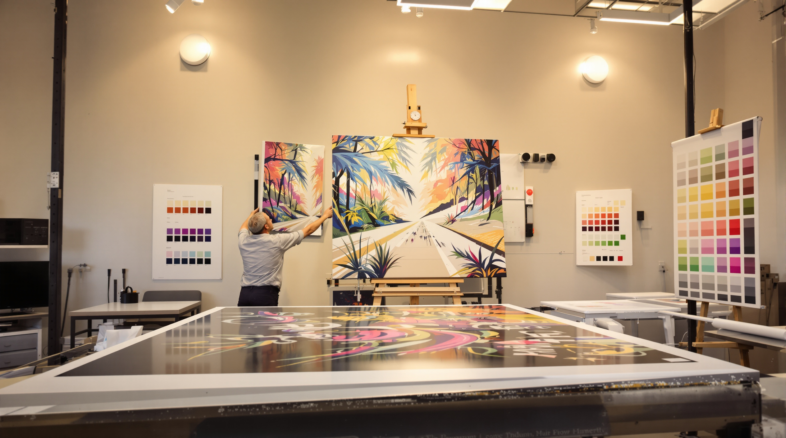 Professional photographer reviewing large fine art canvas prints in a modern print lab studio with color calibration charts on the wall