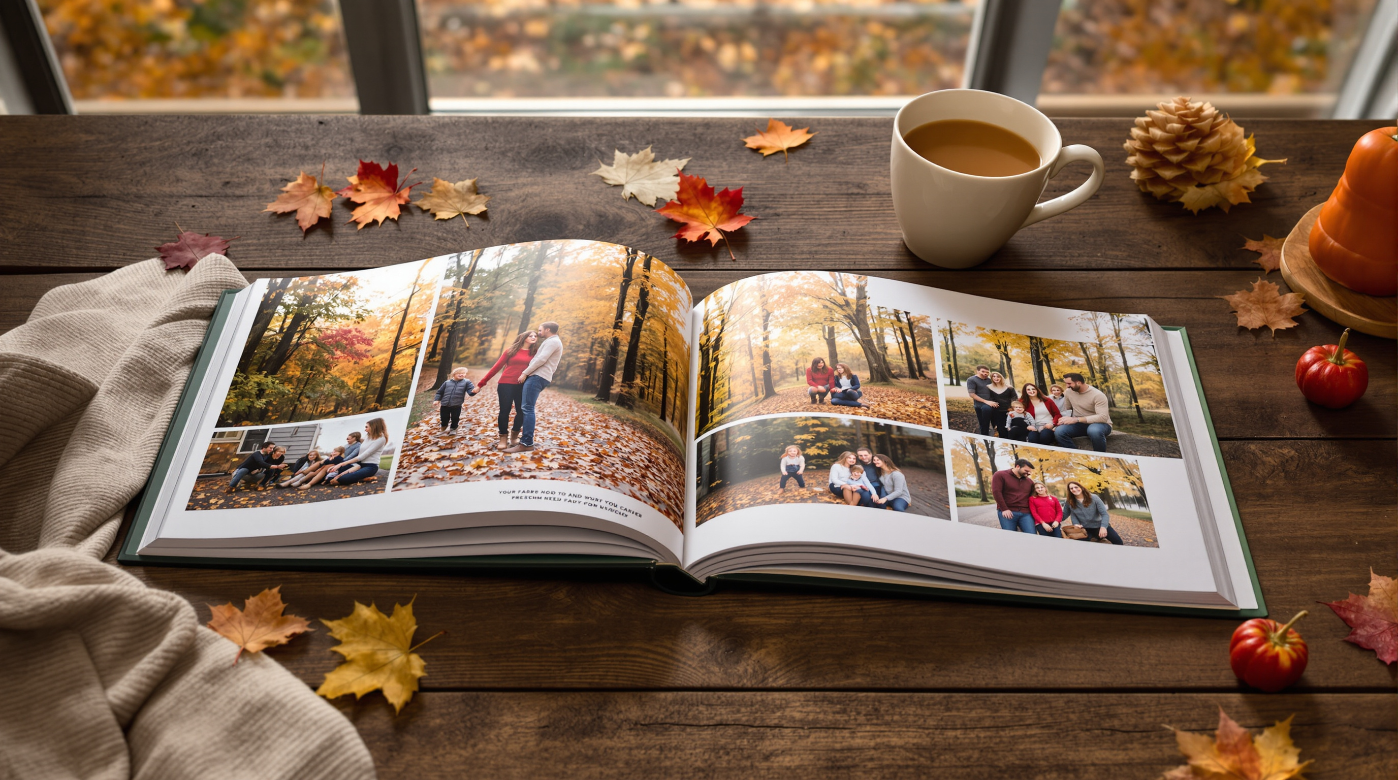 A warm, photographic flat-lay scene on a rustic wooden table in Louisville, Kentucky, featuring an open custom photo book filled with vibrant autumn family photos — golden and red leaves scattered around, a warm cup of cider nearby, soft natural light stre