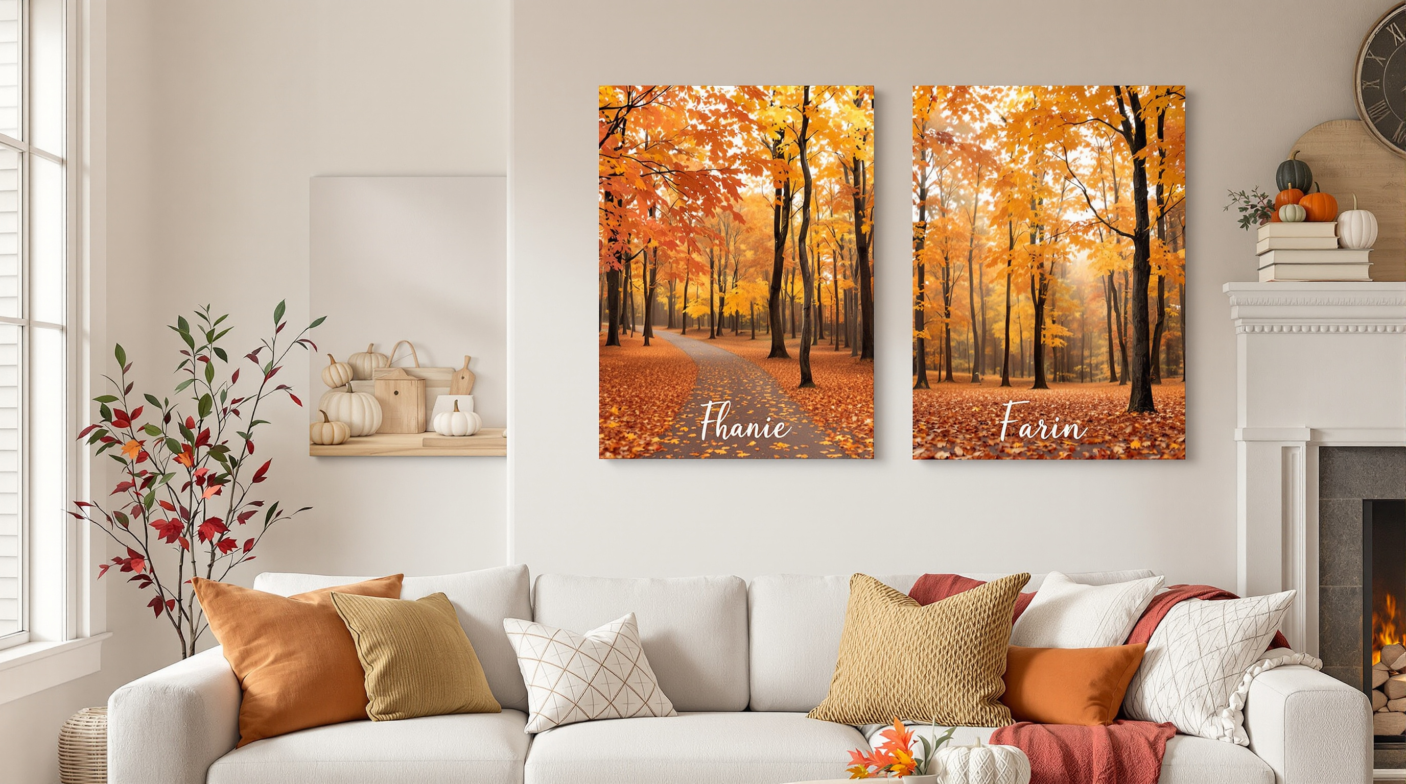 A cozy Louisville home living room decorated with warm autumn-toned canvas prints on the wall, featuring fall foliage, golden leaves, and personalized family photo wall art. Soft natural light, rich oranges, reds, and browns, with a fireplace and pumpkins 