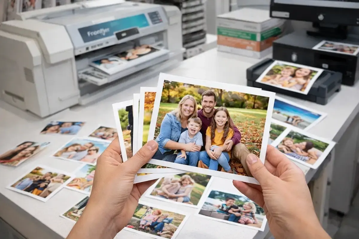 Small photo prints, collage prints, and display-ready student photos arranged in a clean modern setting