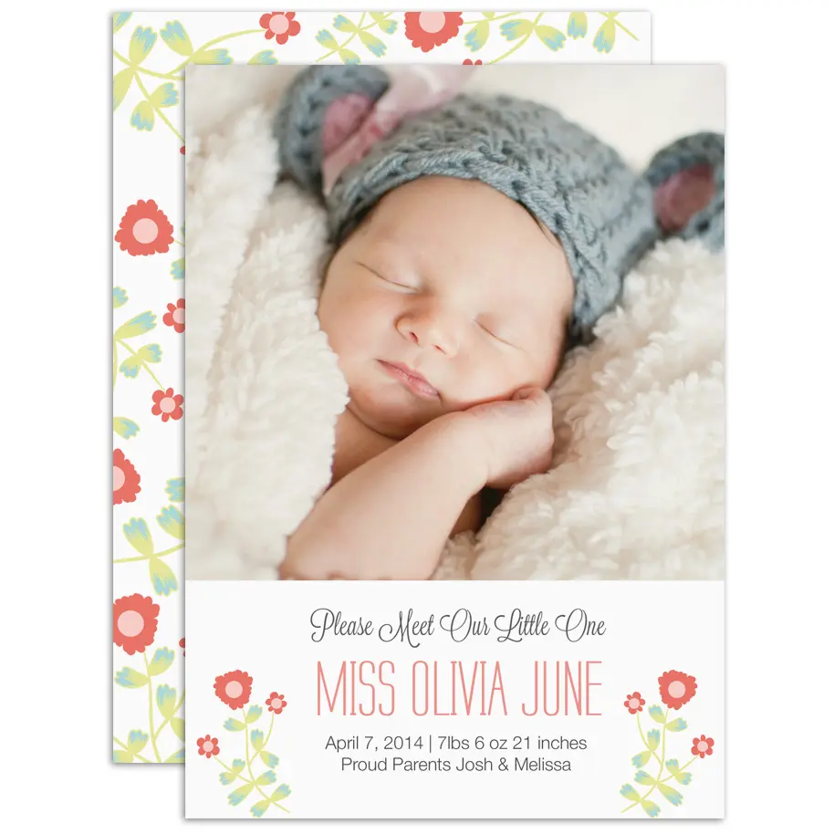 Baby announcement photo card with floral design