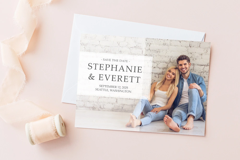 Elegant Save the Date photo card featuring your engagement photo and an envelope with address imprinting