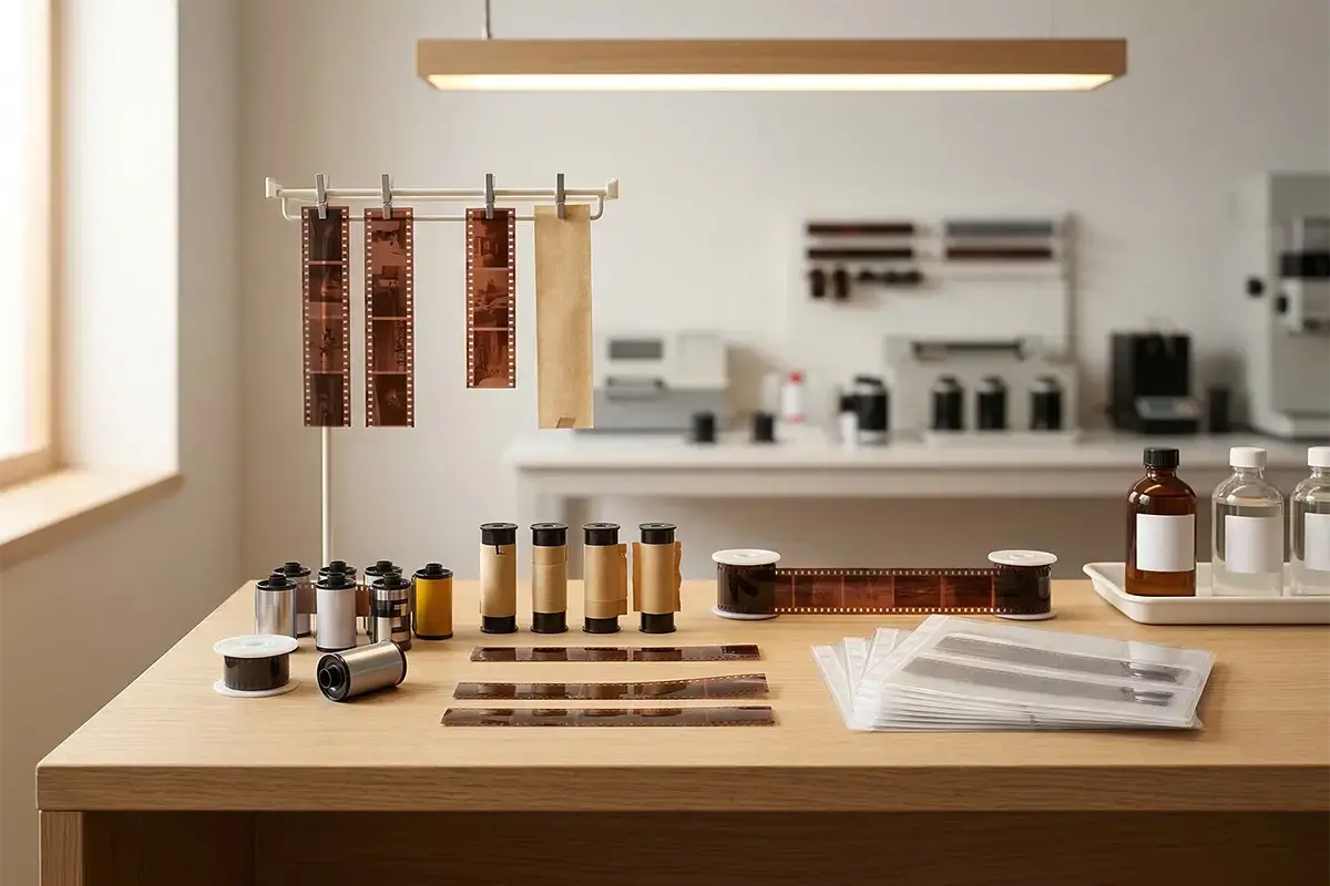 Film developing counter with 35mm and 120 film canisters negatives archival sleeves and a clean professional lab workspace