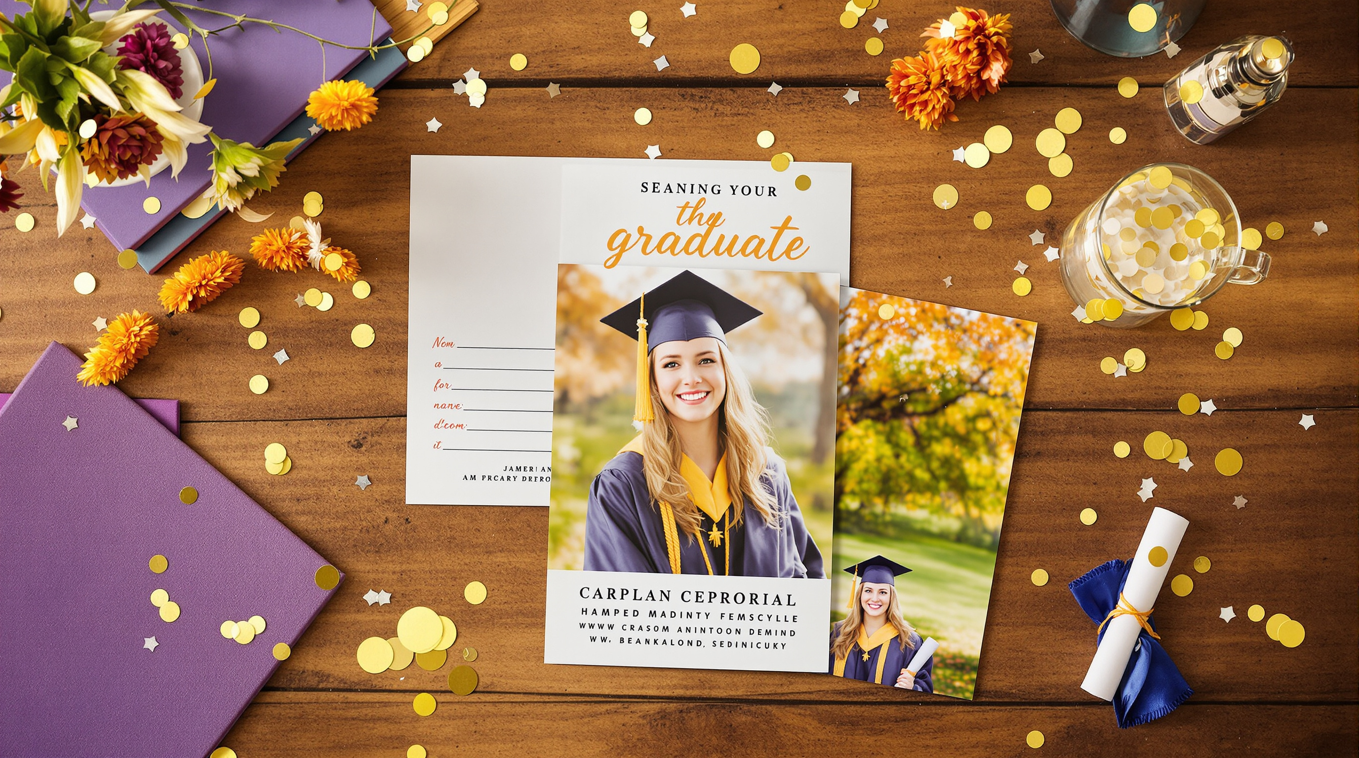 A warm, celebratory flat-lay photograph showing custom-printed graduation announcement cards featuring a senior photo, tassel, diploma, and confetti on a wooden table in Louisville, Kentucky, soft natural light, vibrant colors, professional print quality
