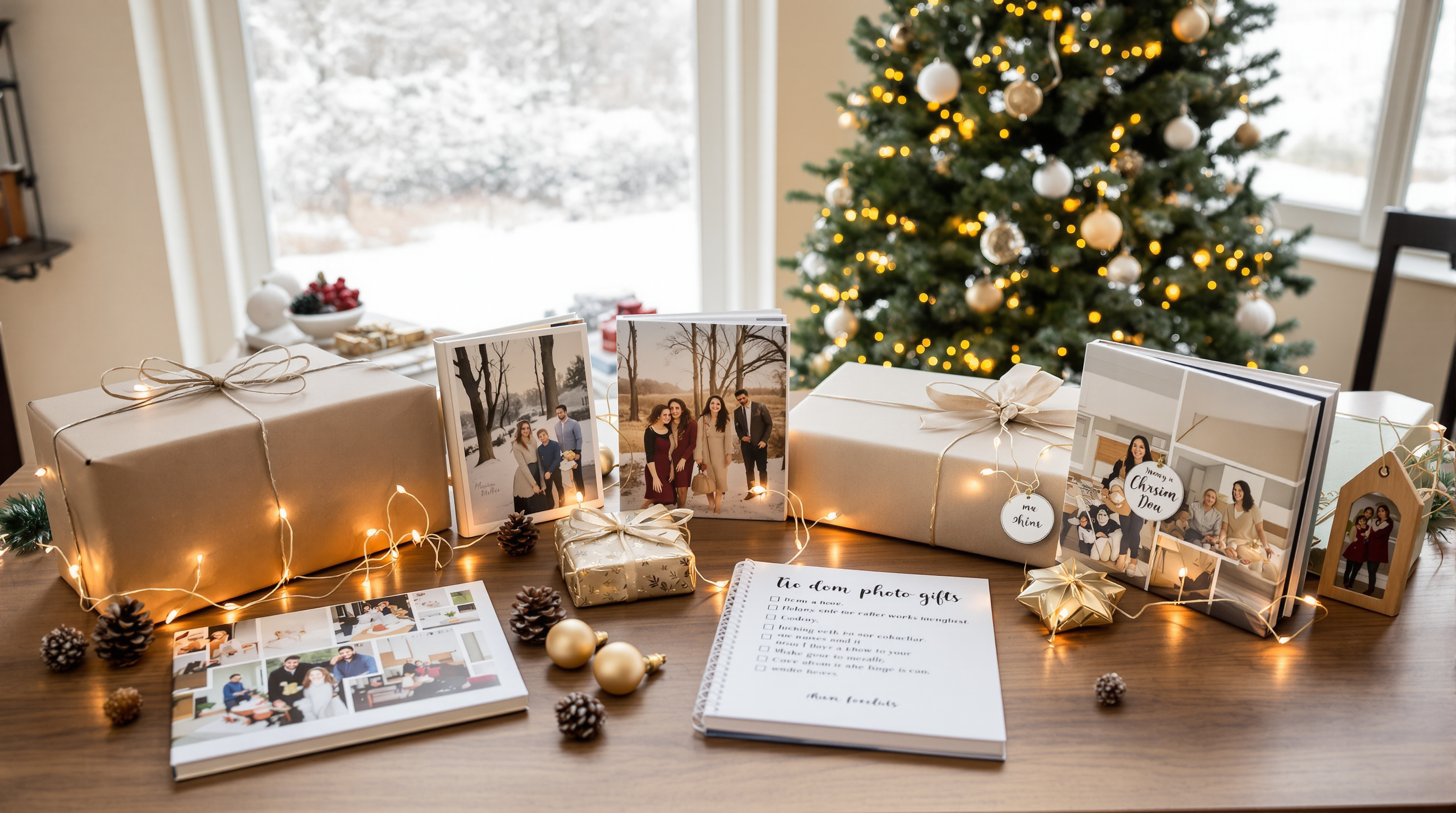 A warm, festive flat-lay photograph on a wooden table in a cozy Louisville home, showing beautifully wrapped custom photo gifts including a canvas print, a photo book, and personalized ornaments, surrounded by pine cones, twinkling fairy lights, and a hand