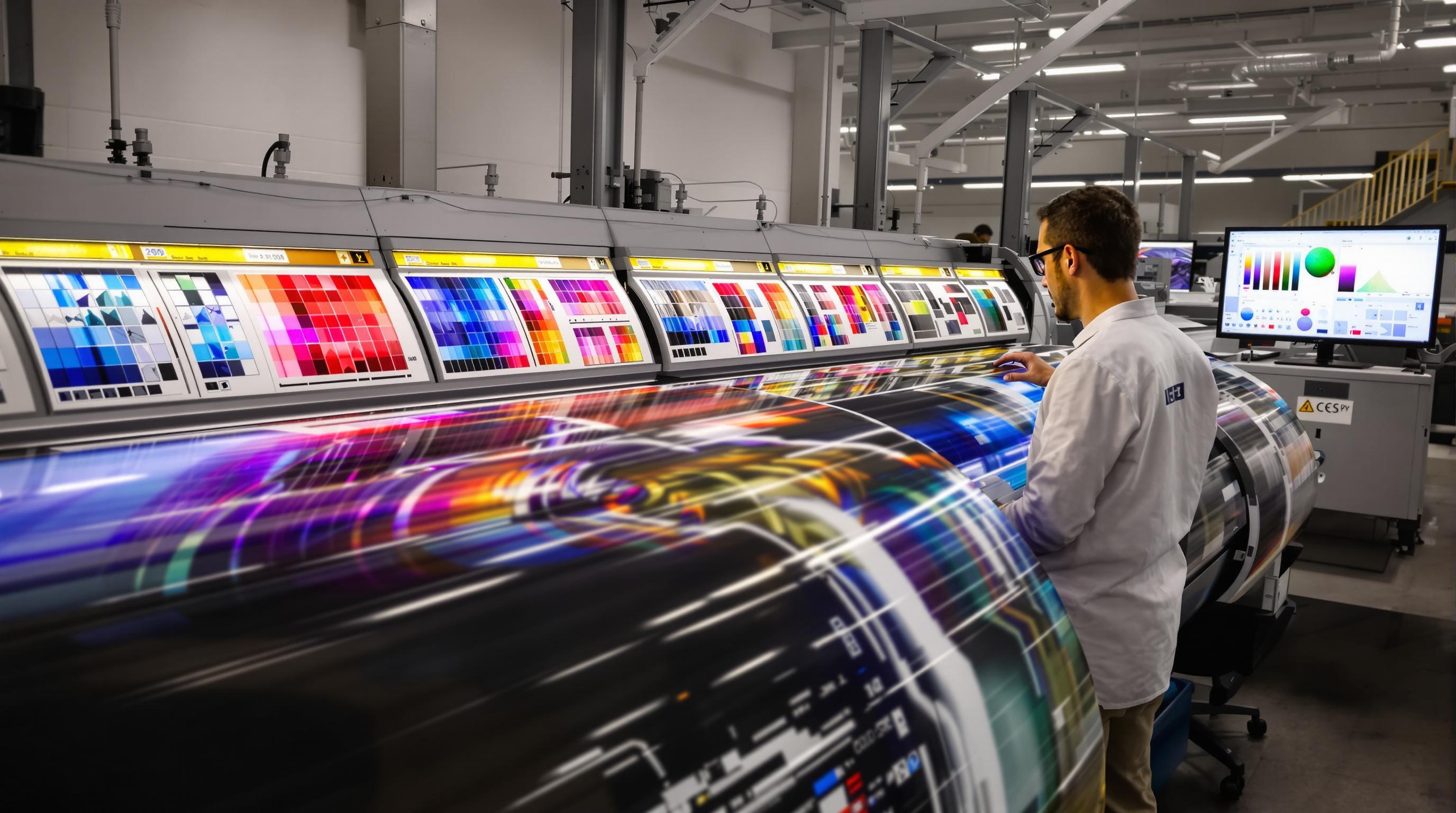 Technician reviewing color swatches and calibration charts in professional photo lab with large-format printers
