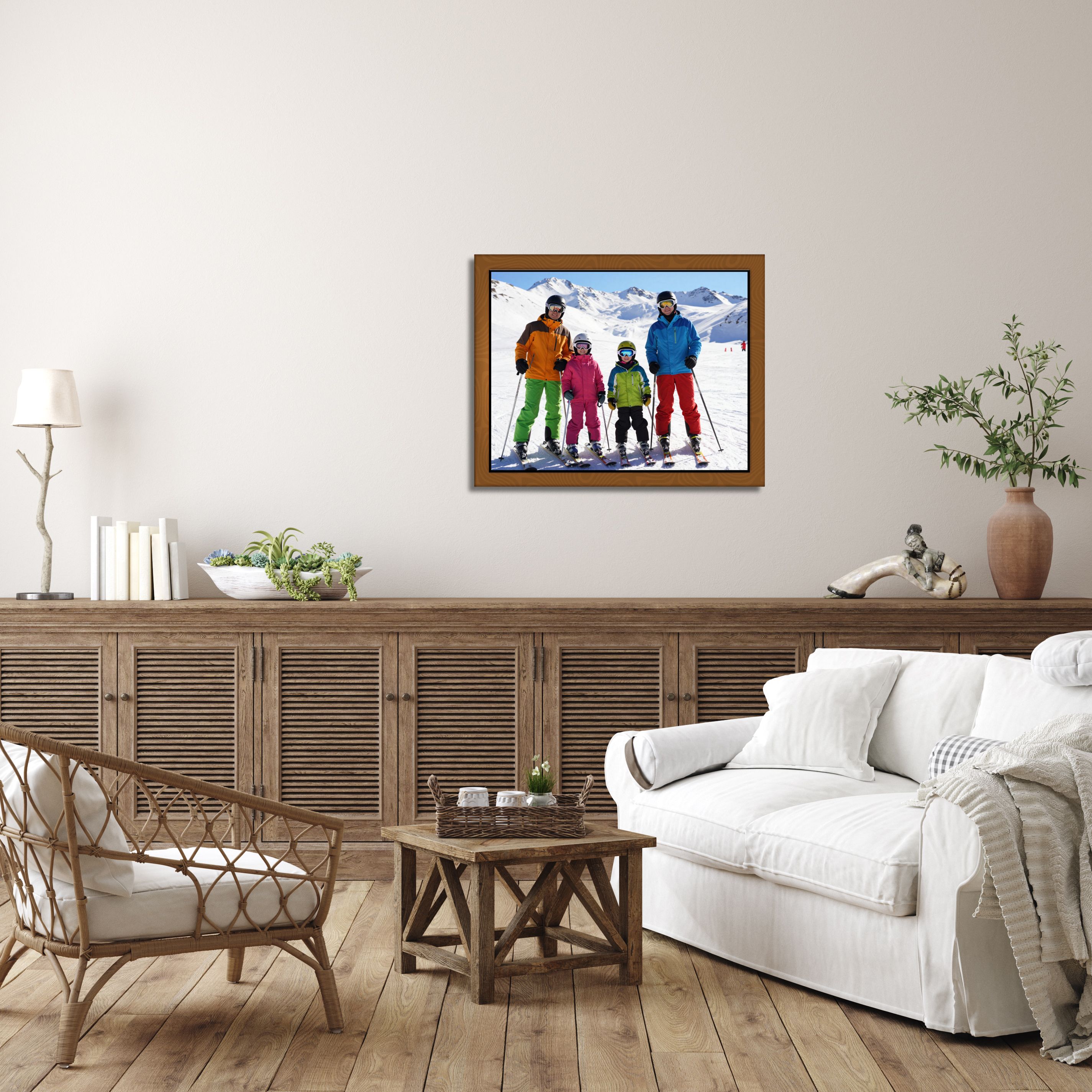 A large canvas print of Fall Creek on a living room wall