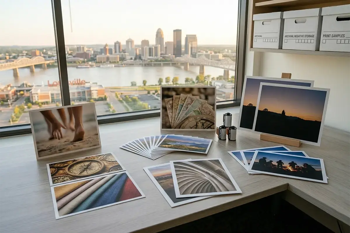 Finished photo prints laid out neatly on a clean table with color-accurate family and travel images and a professional print lab feel